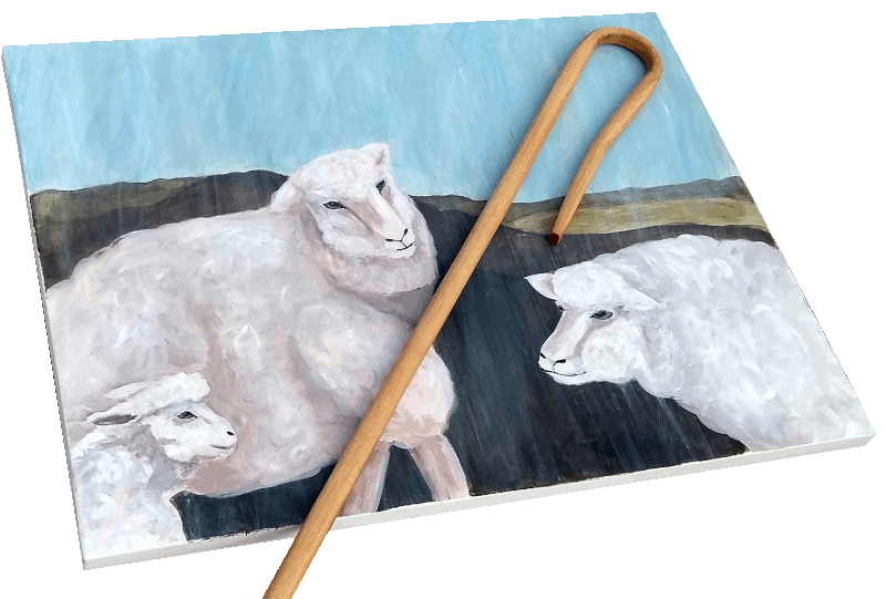 Image was here of a shepherd's crook laying on a painting of some sheep. A crook is a long wooden hook used to help guide sheep.