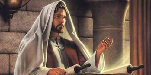 An image was here of Jesus Christ teaching at a podium from a Scripture scroll.